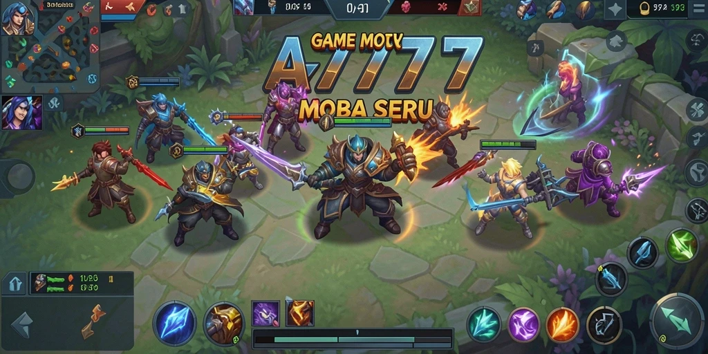 Tampilan screenshot A7777 yang menunjukkan aksi pertarungan MOBA.