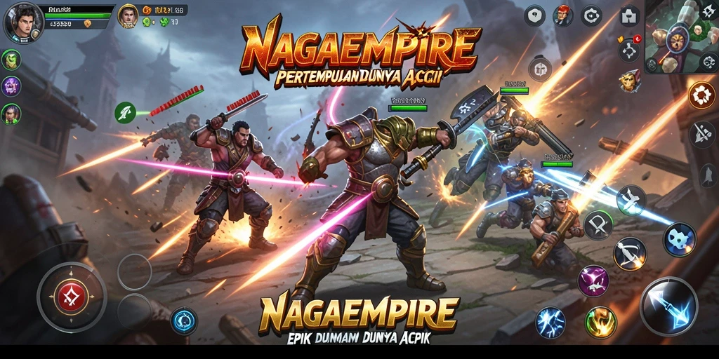 Tangkapan layar utama NAGAEMPIRE menampilkan pertarungan seru antar karakter.
