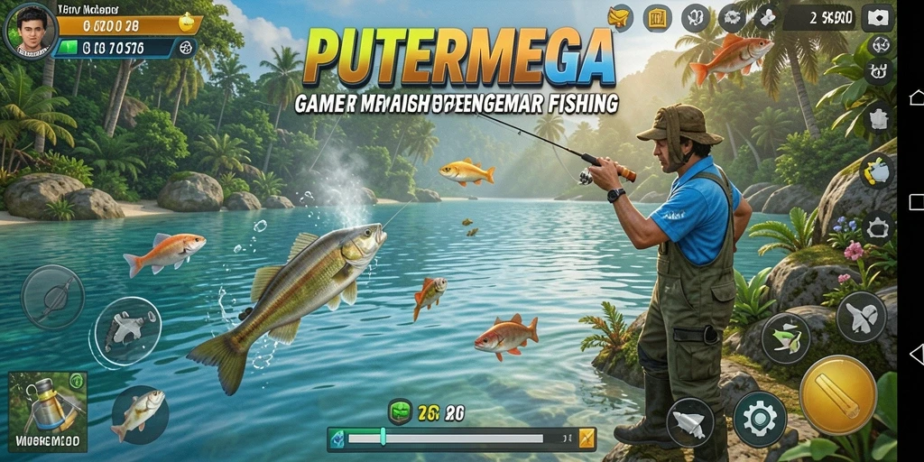 Gameplay PUTERMEGA yang seru di tengah pemandangan memancing yang indah.