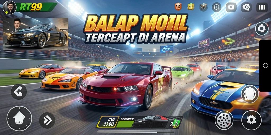 Tampilan gameplay seru di RT99 saat mobil beraksi di lintasan balap.