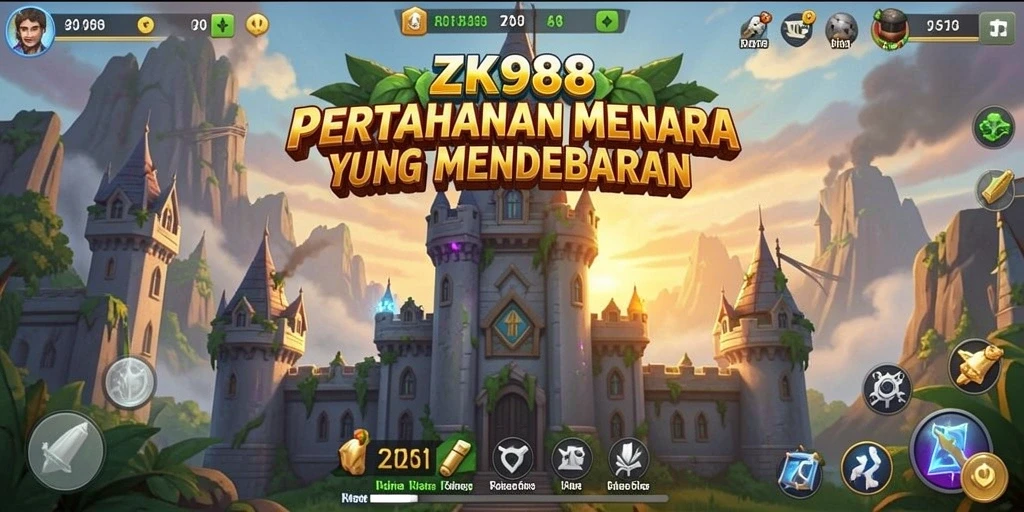 Screenshot utama ZK988 menampilkan aksi seru dalam pertahanan menara.